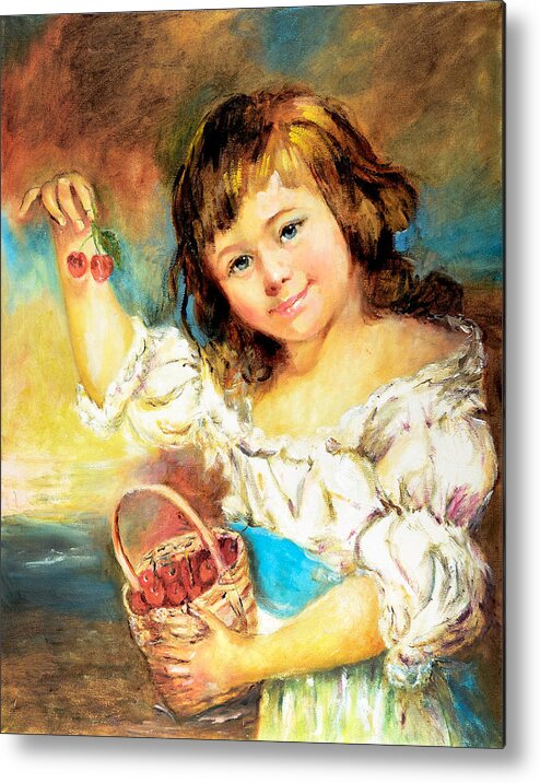 Girl Metal Print featuring the painting Cherry Basket girl by Sher Nasser