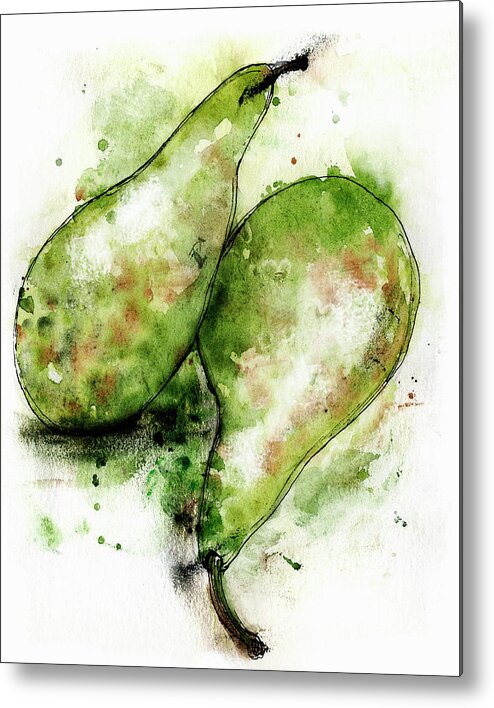 Art Metal Print featuring the painting Close Up Of Two Green Conference Pears by Ikon Ikon Images
