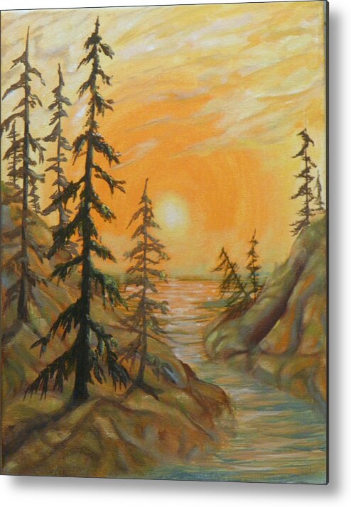 Sunset Clouds Sun Trees Rocks Hills Shadow Light Blue Green Orange Yellow White Brown Branches Pine Fir Cedar Water Waves Mist Metal Print featuring the painting Coastal Sunset by Ida Eriksen