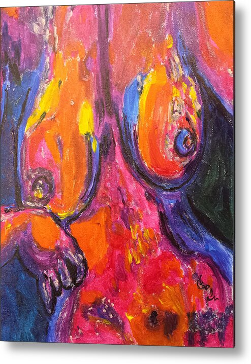 Nude Metal Print featuring the painting Colorful Nude Female Figure Seated in Pink Purple and Blue by MendyZ
