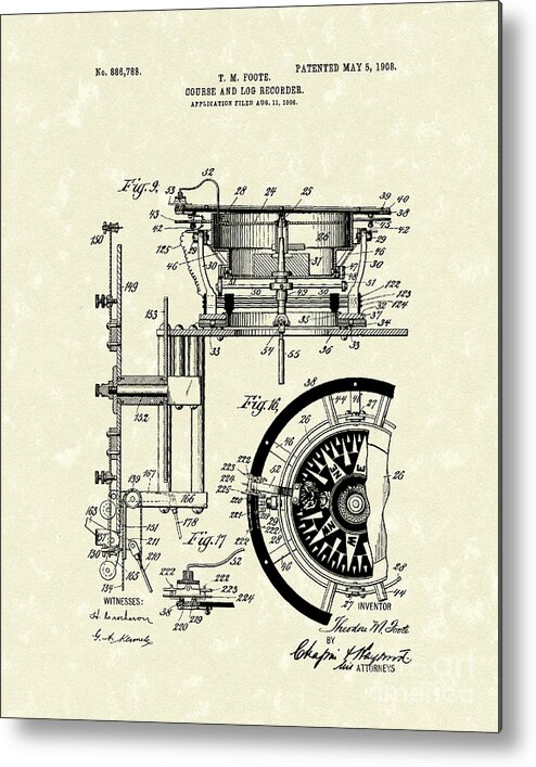 Foote Metal Print featuring the drawing Course and Log Recorder 1908 Patent Art by Prior Art Design