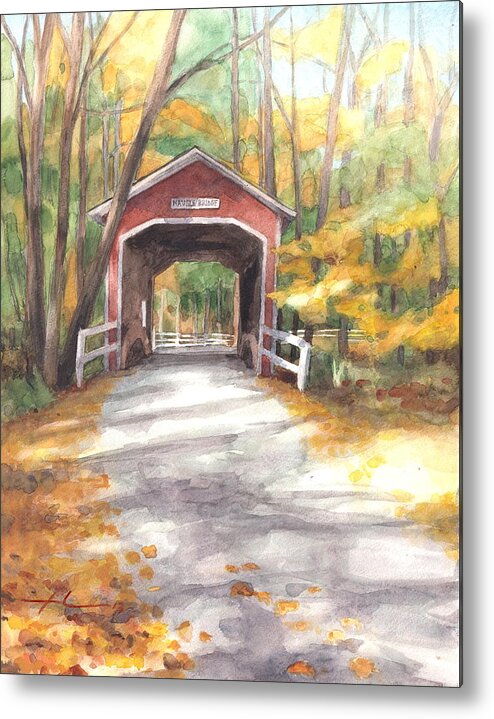 Covered Bridge Autumn Shadows Watercolor Painting Metal Print featuring the drawing Covered Bridge Autumn Shadows Watercolor Painting by Mike Theuer Covered Bridge Autumn Shadows Watercolor Painting Metal Print featuring the drawing Covered Bridge Autumn Shadows Watercolor Painting by Mike Theuer