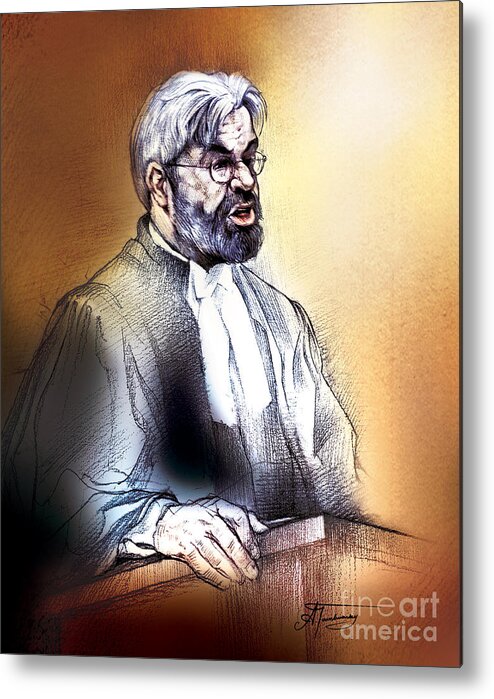 Crown Attorney Metal Print featuring the painting Crown Attorney Jim Hughes at his closing address during Paul Poby trial by Alex Tavshunsky