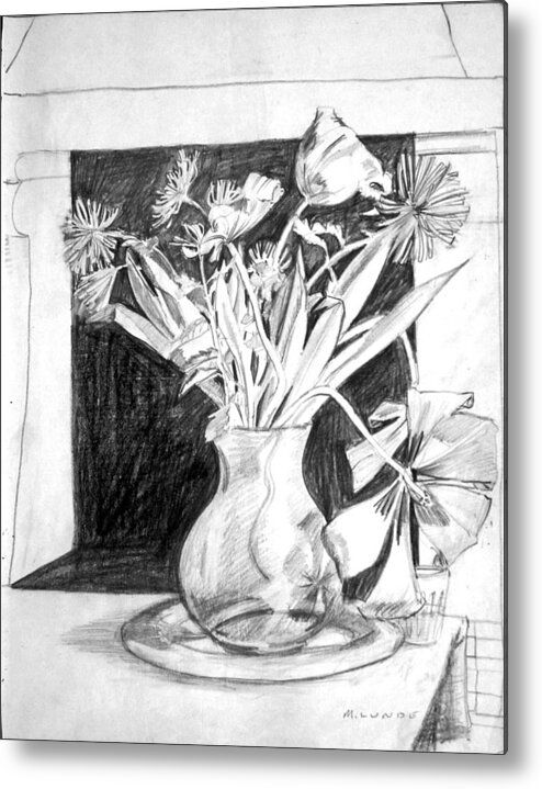 Floral Drawing Metal Print featuring the drawing Cut Flowers and fireplace by Mark Lunde