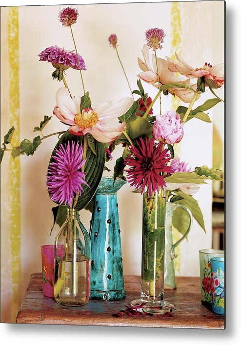 Flowers Metal Print featuring the photograph Dahlias And Peonies In Majolica Vases by James Merrell
