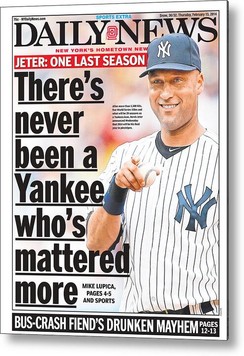 American League Baseball Metal Print featuring the photograph Daily News Front Page Derek Jeter by New York Daily News
