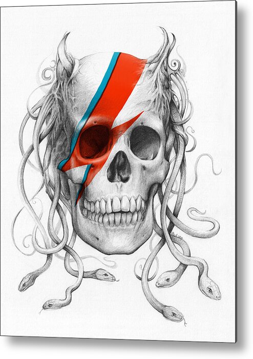 David Bowie Metal Print featuring the drawing David Bowie Aladdin Sane Medusa Skull by Olga Shvartsur