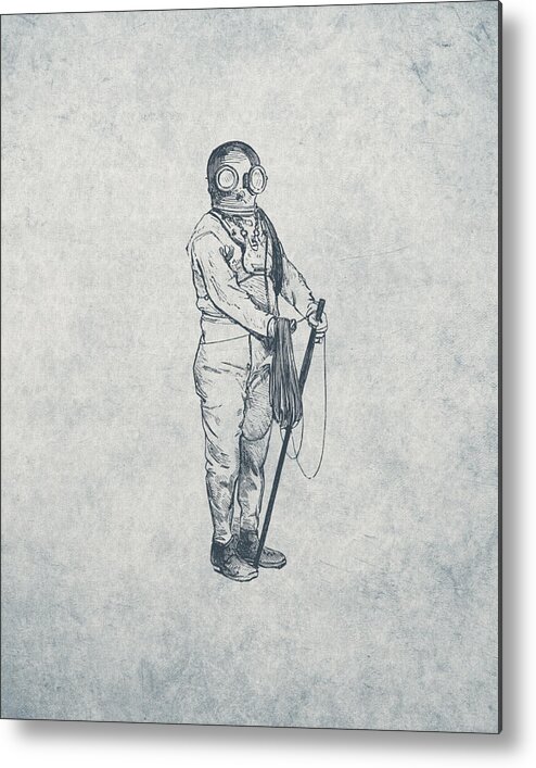 Nautical Metal Print featuring the drawing Deep Sea Diver - Nautical Design by World Art Prints And Designs