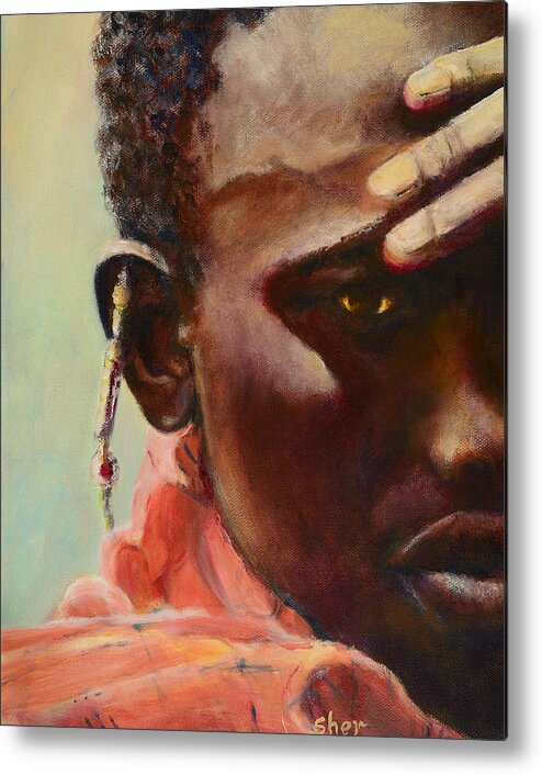 Portrait Of A Maasai Warrior Metal Print featuring the painting Dignity Maasai Warrior by Sher Nasser Artist