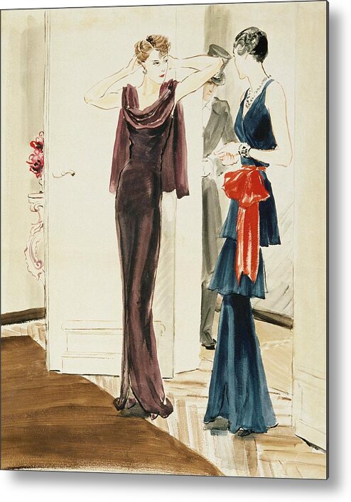 Fashion Metal Print featuring the digital art Drawing Of Two Women Wearing Mainbocher Dresses by Rene Bouet-Willaumez