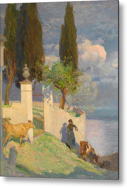 Lake Como Metal Print featuring the painting Driving Cattle Lake Como by Joseph Walter West