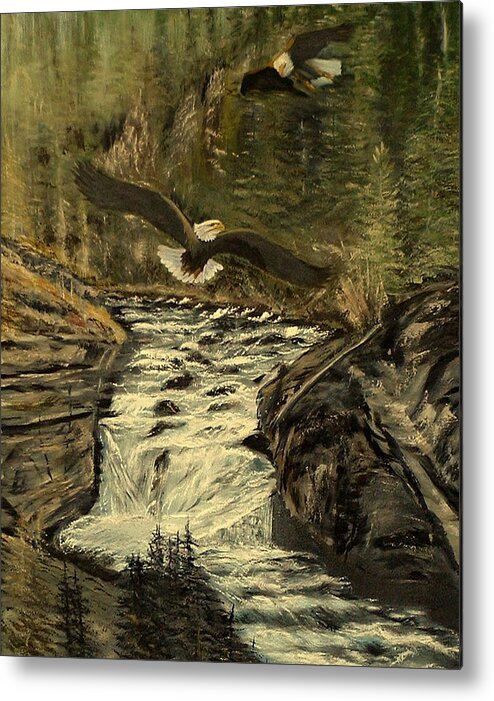 Landscape Metal Print featuring the painting Eagles Having Fun by Kenneth LePoidevin