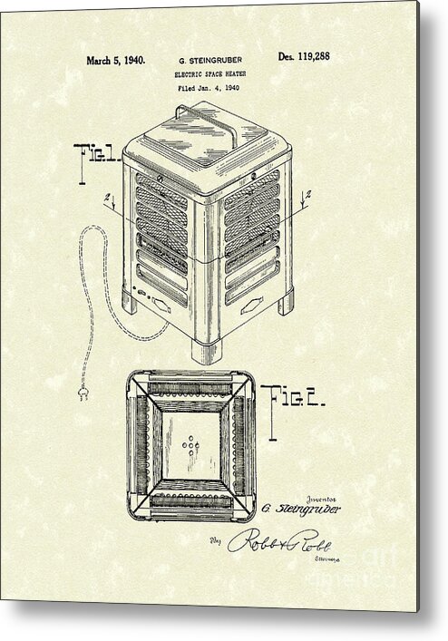 Steingruber Metal Print featuring the drawing Electric Heater 1940 Patent Art by Prior Art Design