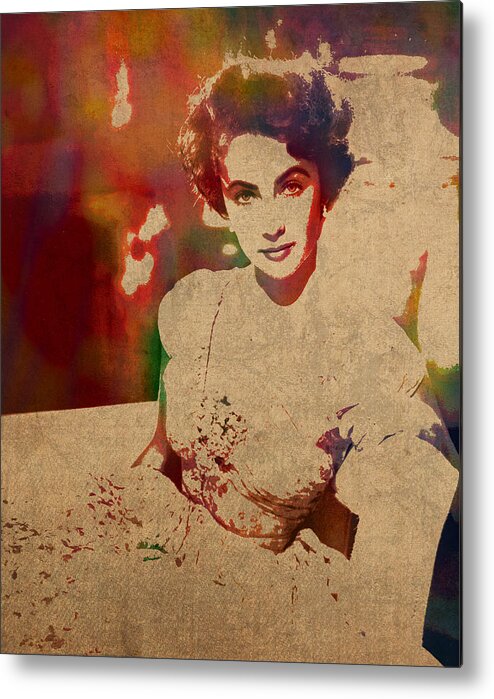 Elizabeth Taylor Metal Print featuring the mixed media Elizabeth Taylor Watercolor Portrait on Worn Distressed Canvas by Design Turnpike