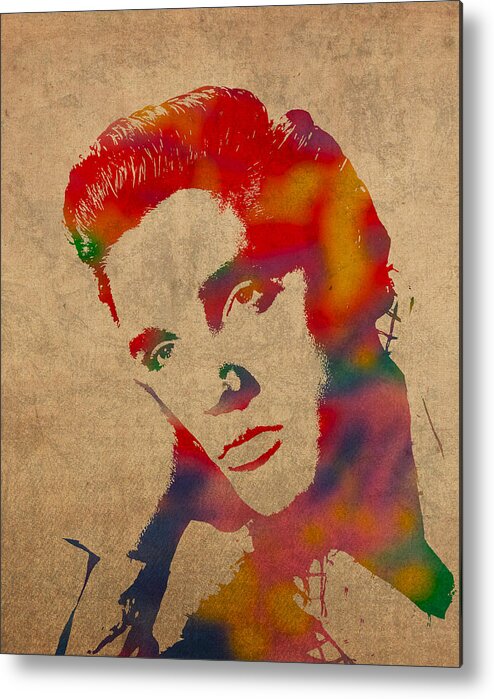 Elvis Presley Watercolor Portrait On Worn Distressed Canvas Metal Print featuring the mixed media Elvis Presley Watercolor Portrait on Worn Distressed Canvas by Design Turnpike