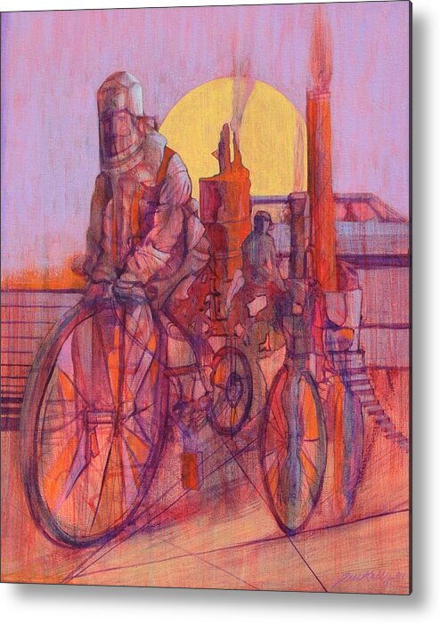 Surreal Figures On Bicycles And Machines Metal Print featuring the painting Fahrenheit 451 by J W Kelly