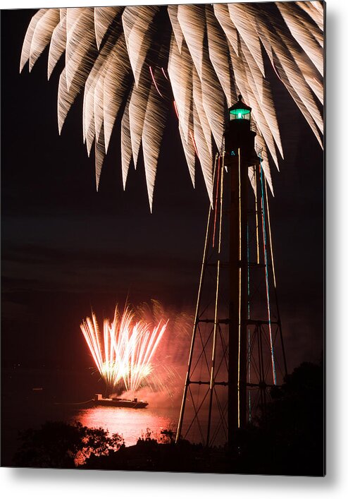 Marblehead Harbor Metal Print featuring the photograph Fireworks both high and low at chandler Hovey park in Marblehead by Jeff Folger