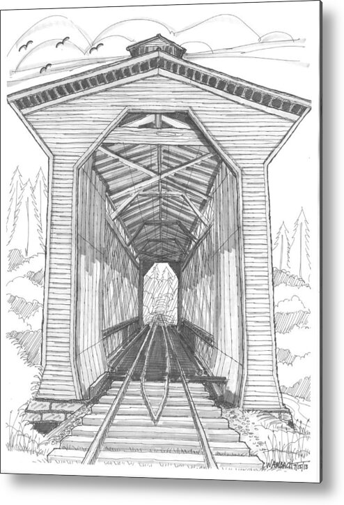 Covered Bridge Metal Print featuring the drawing Fisher Railroad Covered Bridge by Richard Wambach