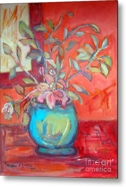 Floral Metal Print featuring the painting Floral with Orange Background by Marlene Robbins