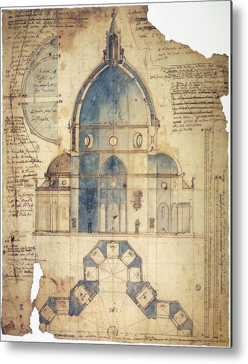 15th Century Metal Print featuring the drawing Design for the Dome of Santa Maria del Fiore Cathedral in Florence, Italy by Lodovico Cardi da Cigoli