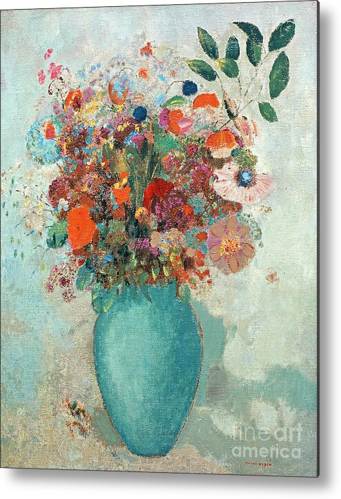 Flower; Floral Arrangement; Still Life; Symbolist Metal Print featuring the painting Flowers in a Turquoise Vase by Odilon Redon