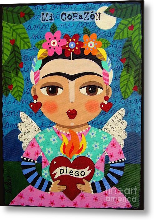 Frida Metal Print featuring the painting Frida Kahlo Angel and Flaming Heart by Andree Chevrier