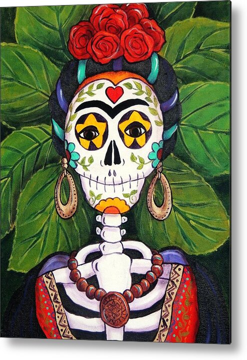 Dia De Los Muertos Metal Print featuring the painting Frida with Roses by Candy Mayer
