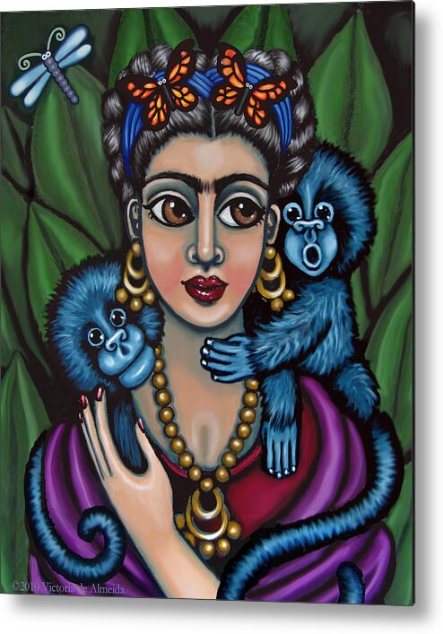 Mexican Folk Art Metal Print featuring the painting Frida's Monkeys by Victoria De Almeida