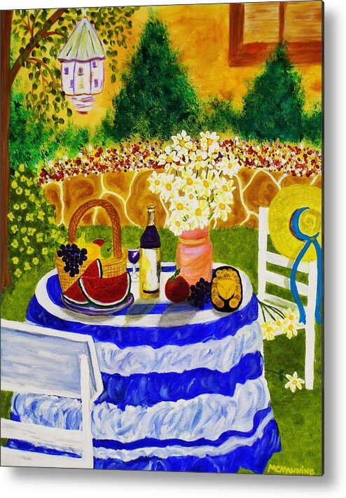 Colorful Backyard Picnic Scene Art Prints Metal Print featuring the painting Garden Party by Celeste Manning