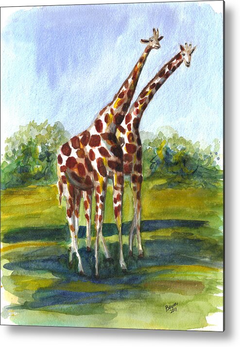 Giraffe Metal Print featuring the painting Giraffe twins by Clara Sue Beym