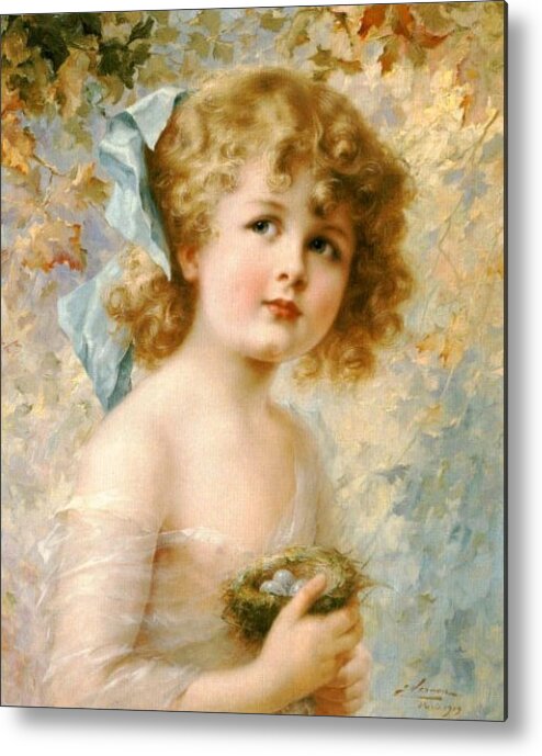 Emile Vernon Metal Print featuring the digital art Girl Holding A Nest by Emile Vernon