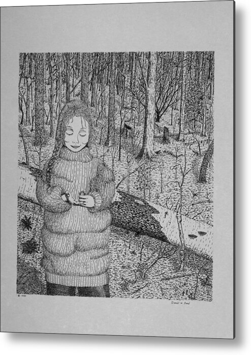 Girl Metal Print featuring the drawing Girl In The Forest by Daniel Reed