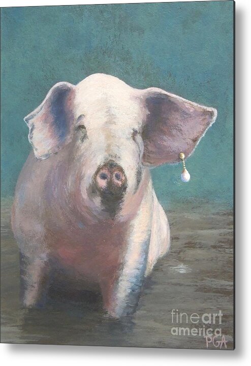 Pig Metal Print featuring the painting Girl with a Pearl Earring II by Phyllis Andrews