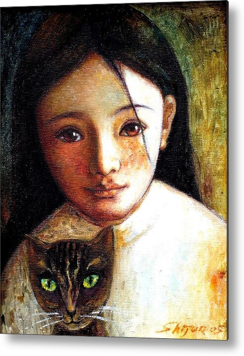 Portrait Metal Print featuring the painting Girl with Cat by Shijun Munns