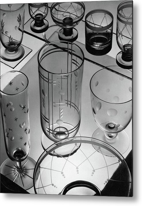 Home Accessories Metal Print featuring the photograph Glasses And Crystal Vases By Walter D Teague by The 3
