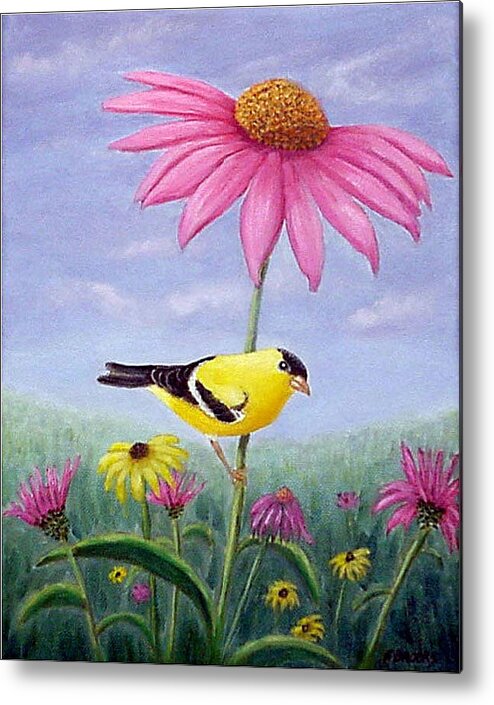 Goldfinch Metal Print featuring the painting Goldfinch and Coneflowers by Fran Brooks