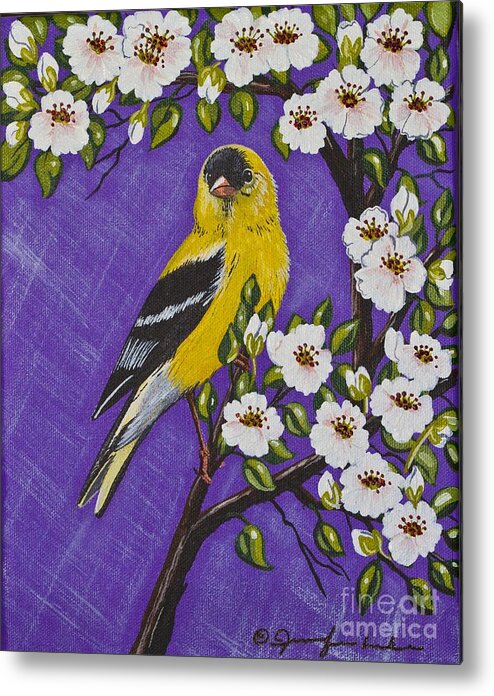 Bird Metal Print featuring the painting Goldfinch in Pear Blossoms by Jennifer Lake