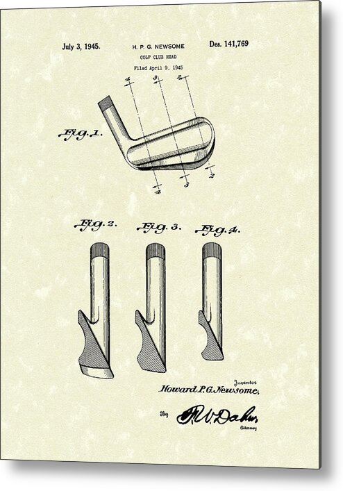 Newsome Metal Print featuring the drawing Golf Club 1945 Patent Art by Prior Art Design