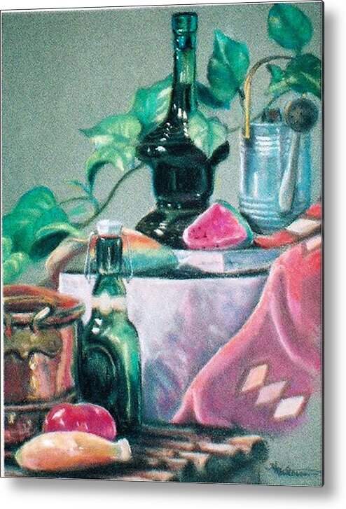 Still Life Painting Metal Print featuring the pastel Green Bottles and Copper by Harriett Masterson