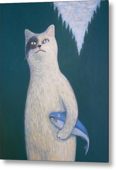 Cat Metal Print featuring the painting Gunter and His Pet Fish Klaus by Kazumi Whitemoon