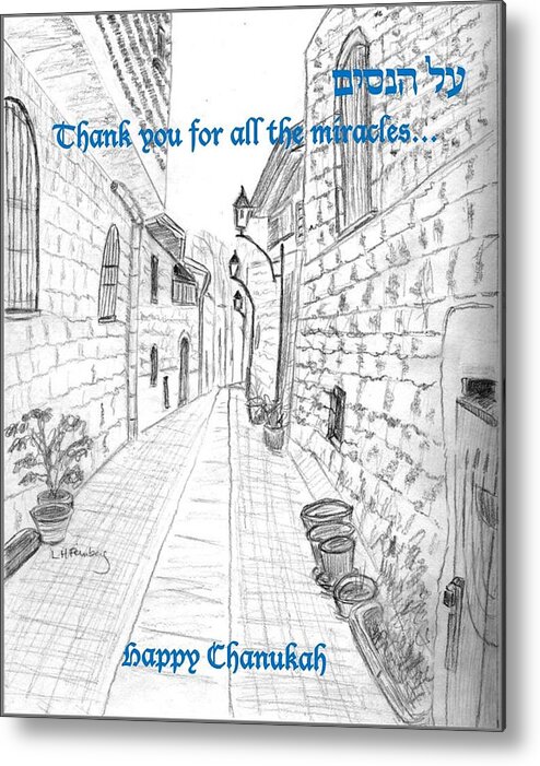 Chanukah Metal Print featuring the drawing Happy Chanukah-Tzfat by Linda Feinberg