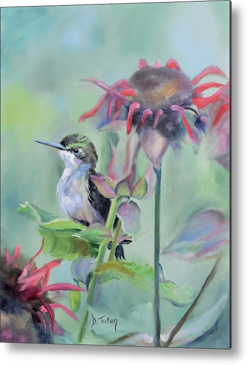 Hummingbird Metal Print featuring the painting Hummingbird and Coneflowers by Donna Tuten