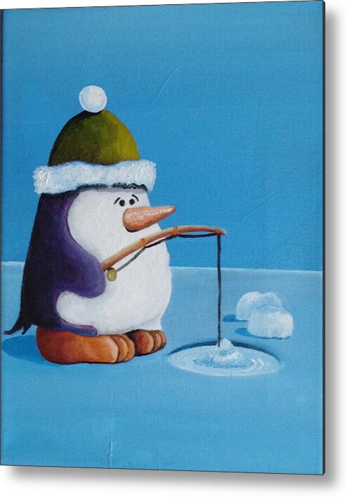 A Cartoon Penguin With A Green Hat Ice Fishing. Metal Print featuring the painting Ice Fishing by Martin Schmidt