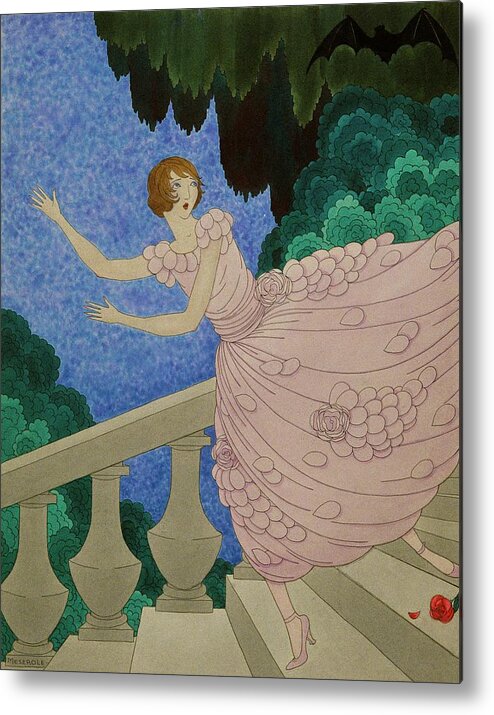 Fashion Metal Print featuring the digital art Illustration Of A Woman Running Down A Staircase by Harriet Meserole