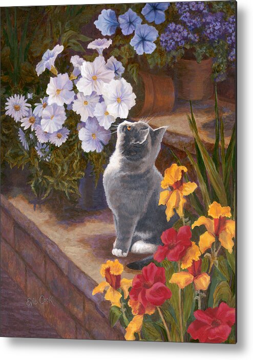 Cat Metal Print featuring the painting Inspecting the Blooms by Evie Cook