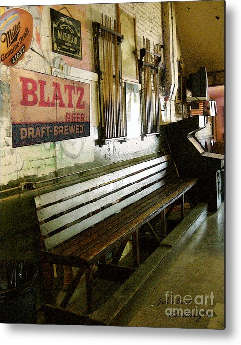 Jacks Pool Room Metal Print featuring the photograph Jack's Bench by Lee Owenby