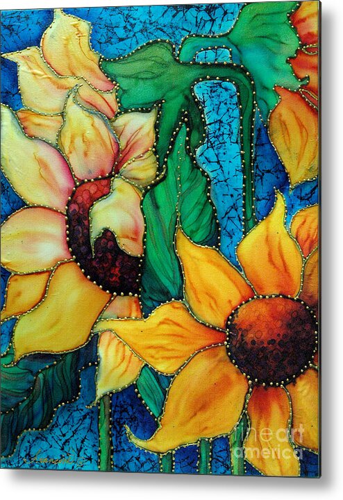 Silk Painting Metal Print featuring the painting Jeweled Sassy Sunflowers by Francine Dufour Jones