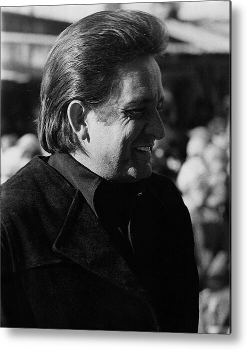 Johnny Cash Smiling Old Tucson Az Black And White Metal Print featuring the photograph Johnny Cash smiling Old Tucson Arizona 1971 by David Lee Guss