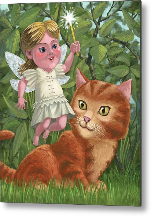 Girl Metal Print featuring the painting Kitten With Girl Fairy In Garden by Martin Davey
