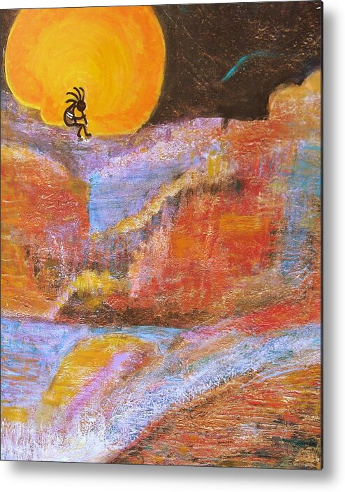 Kokopelli Metal Print featuring the painting Kokopelli and the Big Moon by Anne-Elizabeth Whiteway